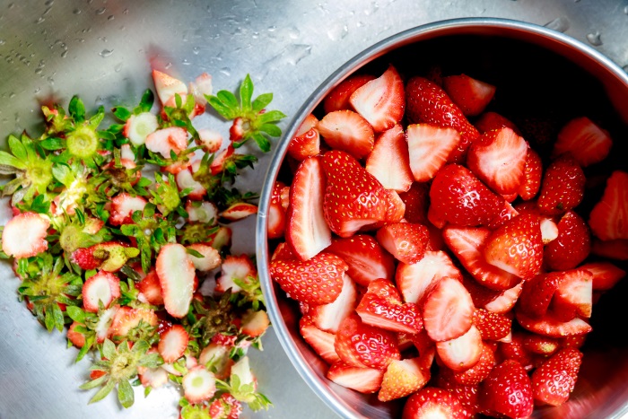 clean and Hulled Strawberries ready for the pound cake recipe