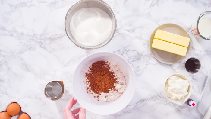 In a bowl, mix the dry ingredients: flour, cocoa, salt, and raising agent.