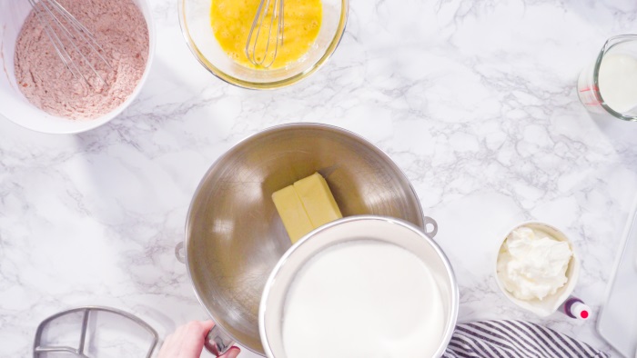 In another bowl, whisk sugar with oil or butter until creamy.