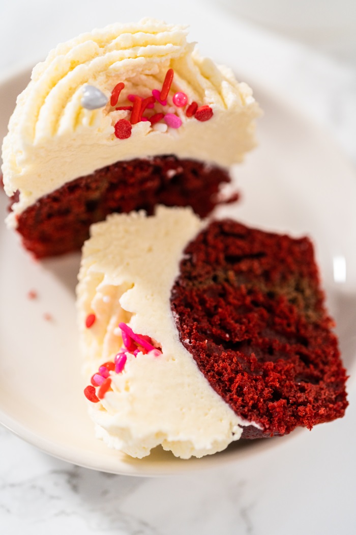 red velvet cupcake cut in half